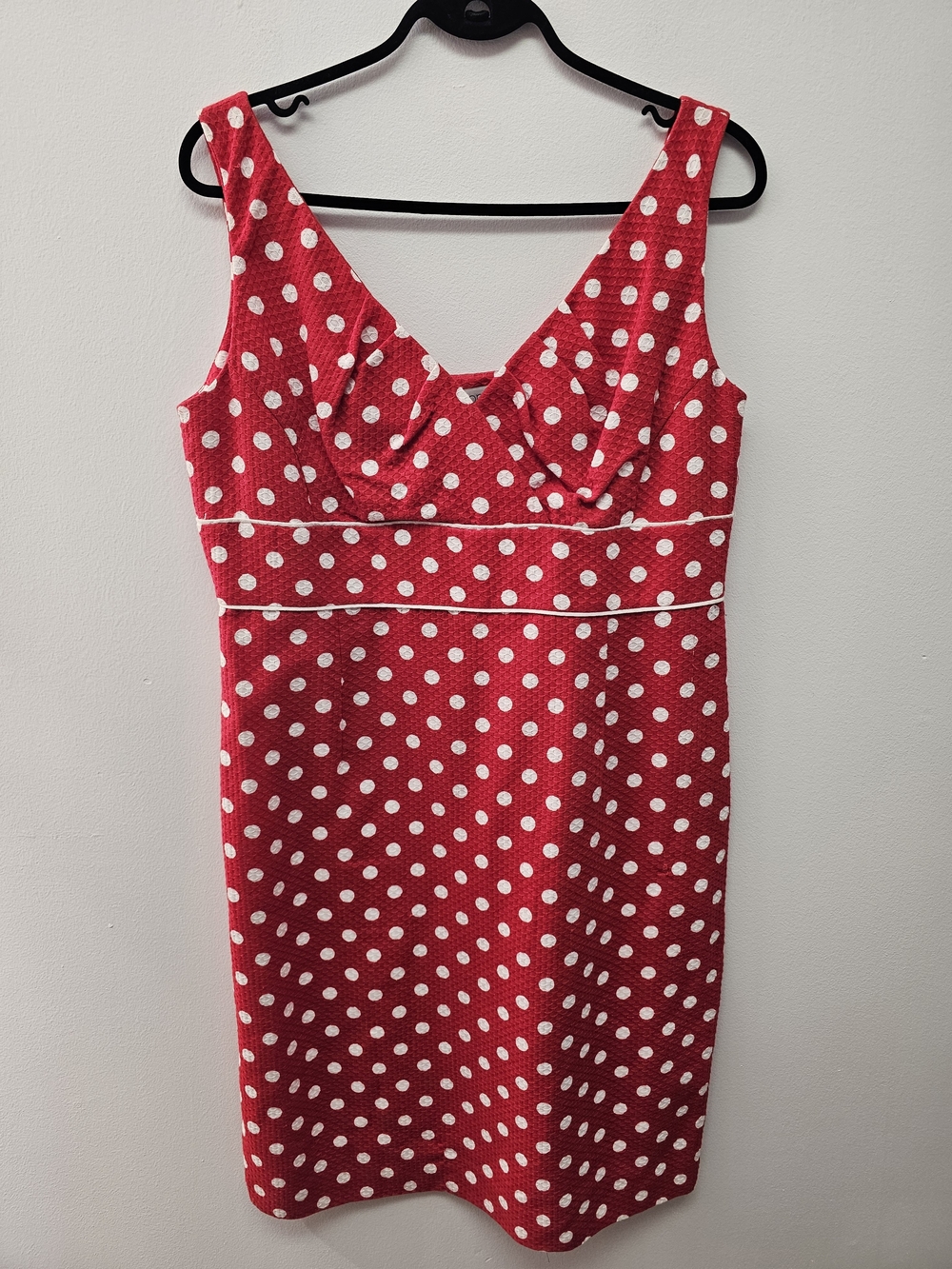 Red Polka Dot Midi Dress with White Trim and Sweetheart Neckline